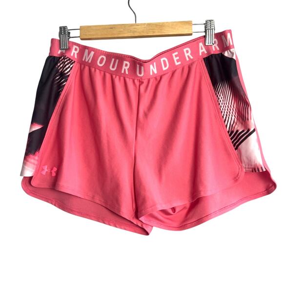 Under Armour Pink Black White Active Shorts Women’s Large Logo Waistband - Picture 1 of 3